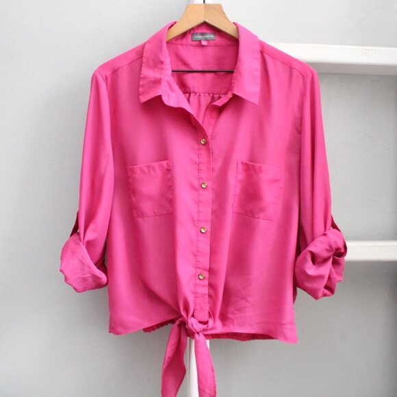 Vince Camuto Bright Pink Front Tie Knot Rolled Tab Button Down Shirt Size Large - Picture 1 of 3